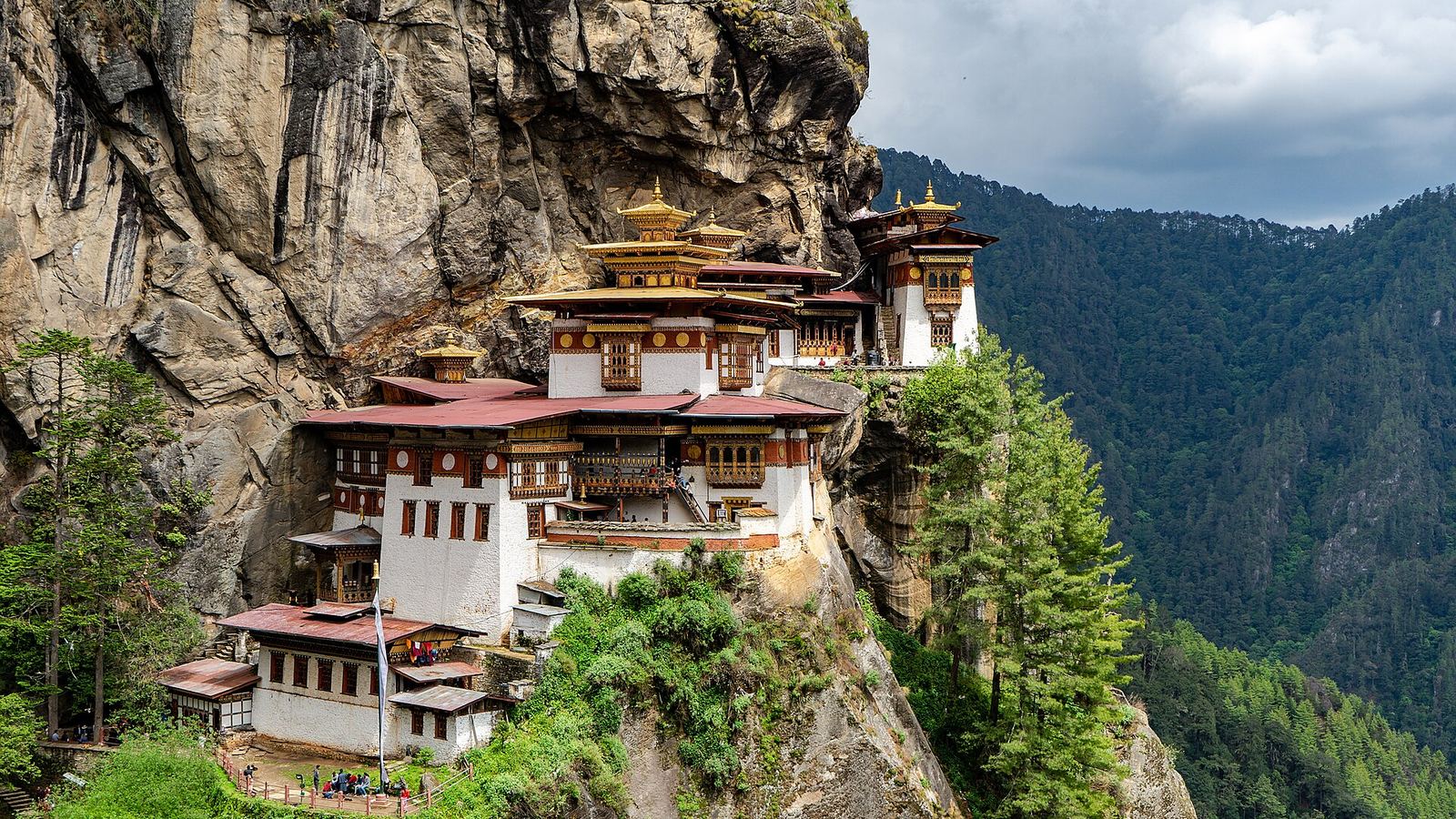 Paro Taktsang (Tiger's Nest) monastery clinging to a cliff above the Paro valley, forested slopes behind