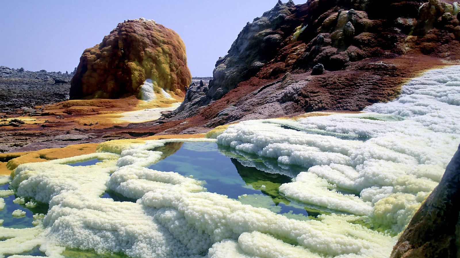Salt terraces, acid pool and mineral-coloured hills at Dallol, Danakil Depression