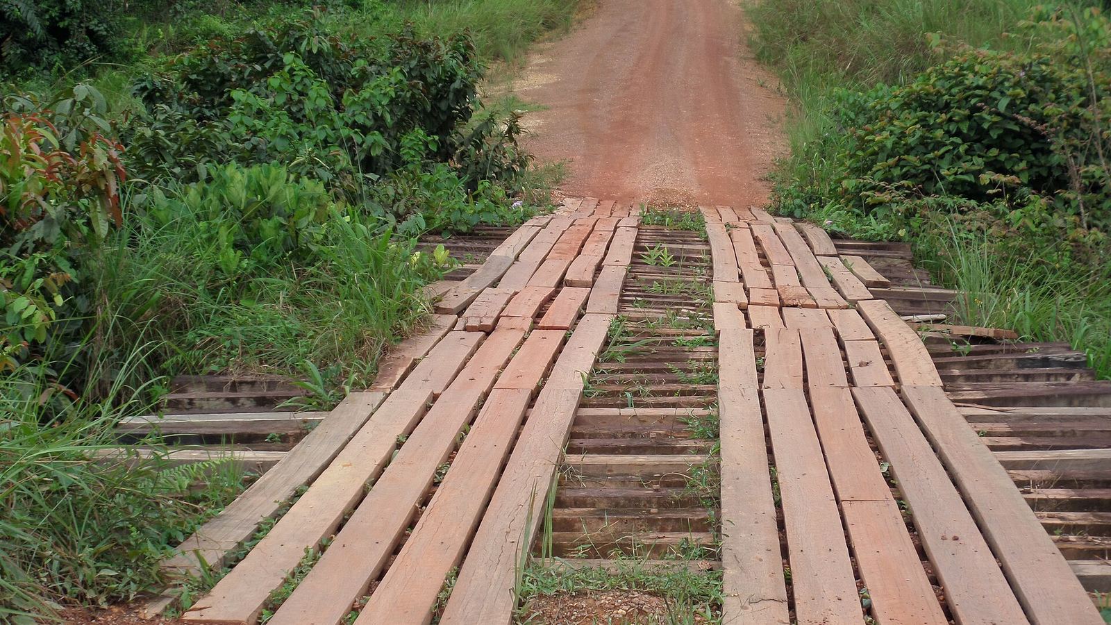 Laterite track crossing a plank bridge over the Ogoulou river near Mimongo, Gabon