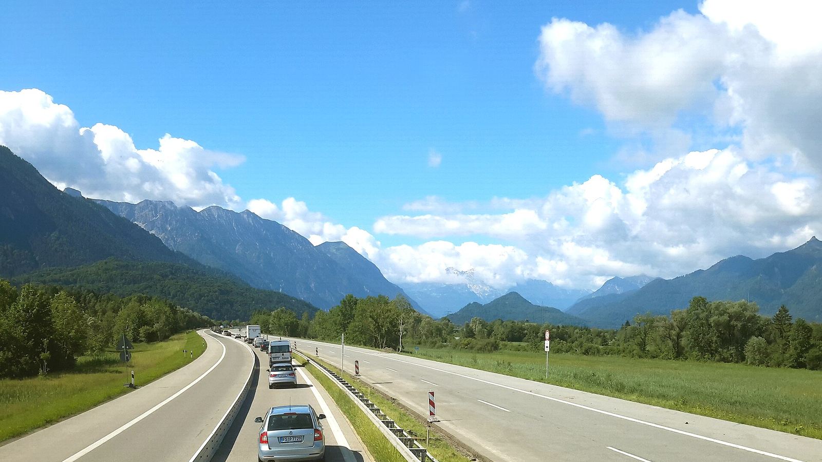 Motorway toward Ettal with the Bavarian Alps behind, Bavaria, Germany