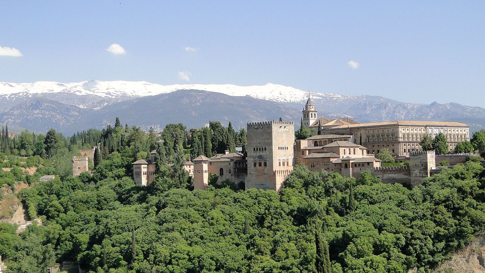 The Alhambra of Granada against the snow-capped Sierra Nevada, seen from the Albaicin