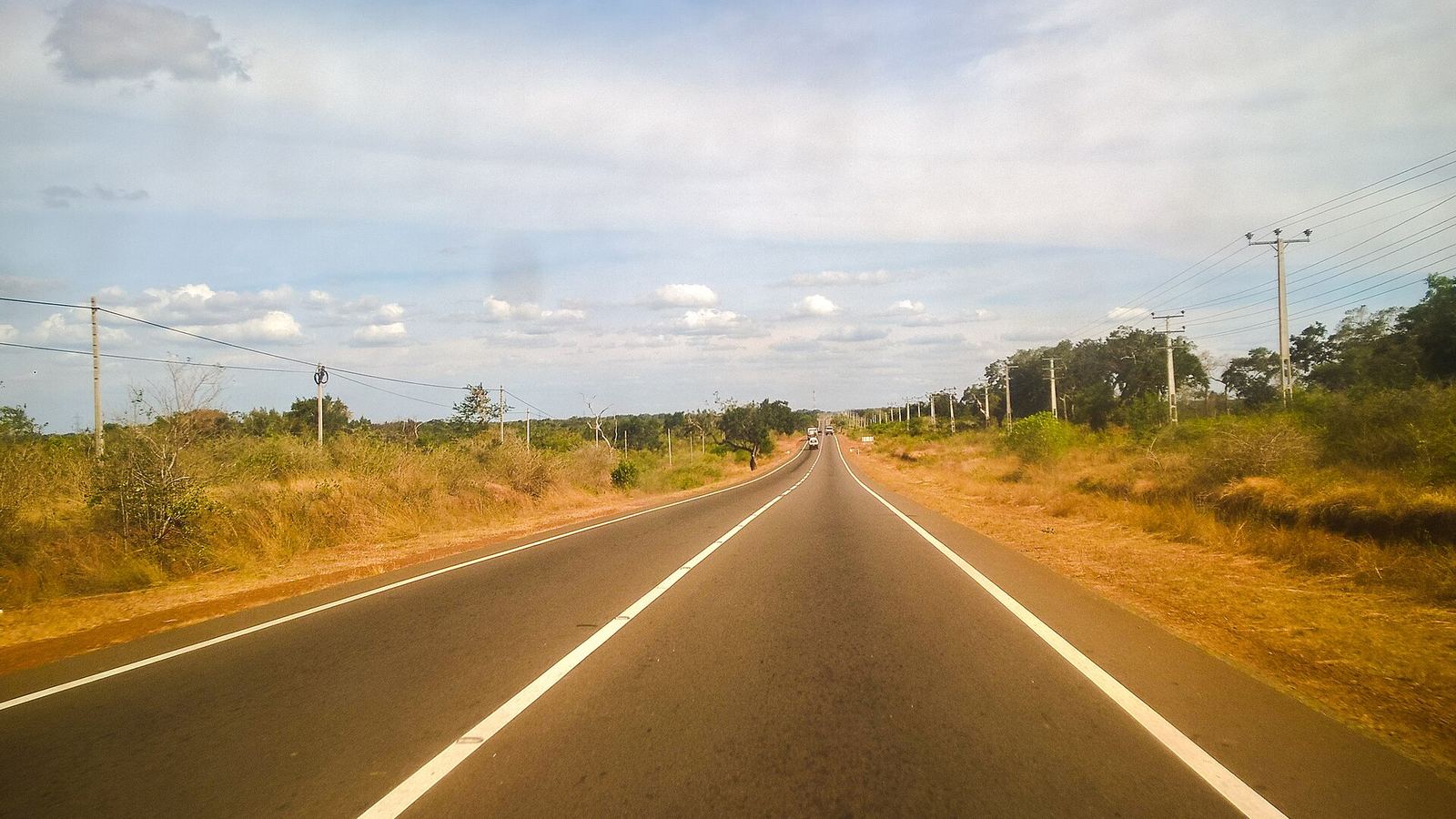 A9 road at Mankulam, straight asphalt across flat scrubland
