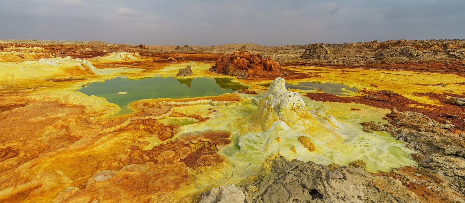 Yellow, green and ochre pools and salt formations at Dallol